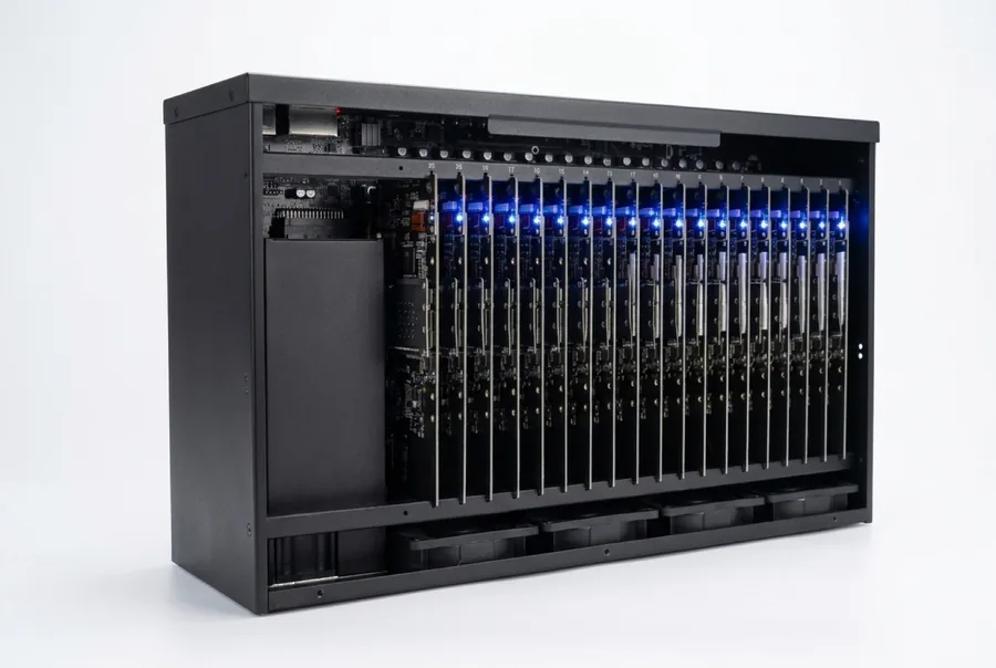A Profit Phones Android farm box with 20 phones in their slots, lit blue