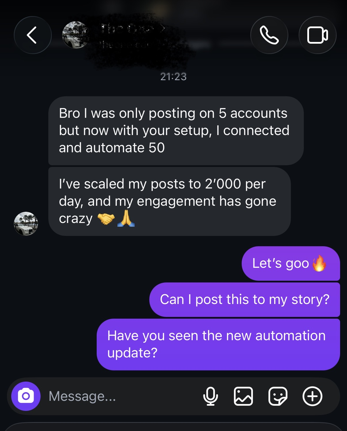 Client chat: scaled from 5 to 50 automated accounts, 2,000 posts a day
